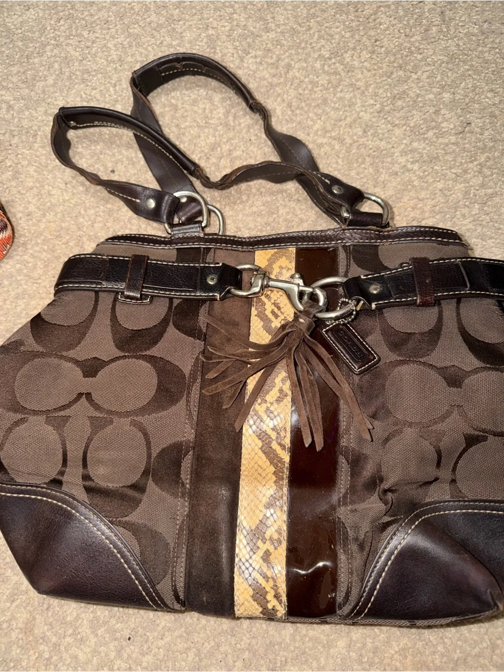 Vintage Coach Brown Signature Shoulder Tote with Snake-Print Stripe